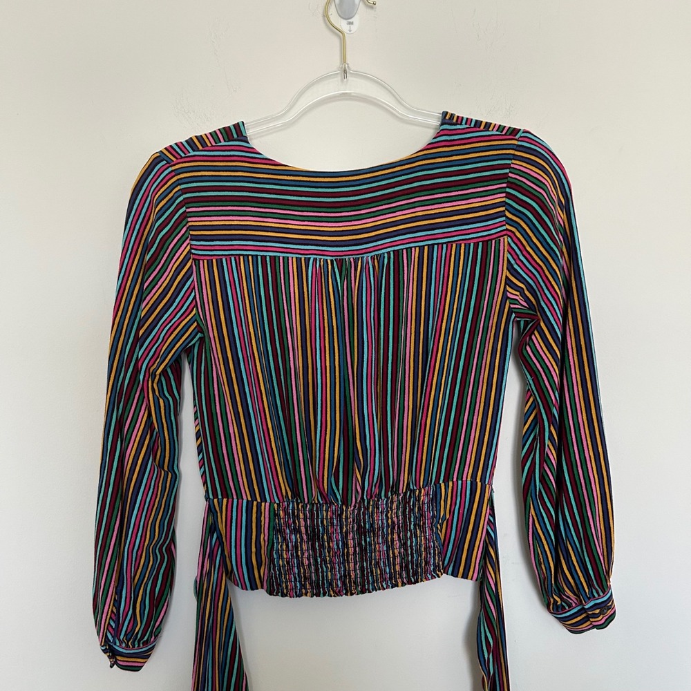 Maeve Anthropologie Striped Wrap Blouse Multicolor 0P Petite Smocked Tie Back - Picture 6 of 7